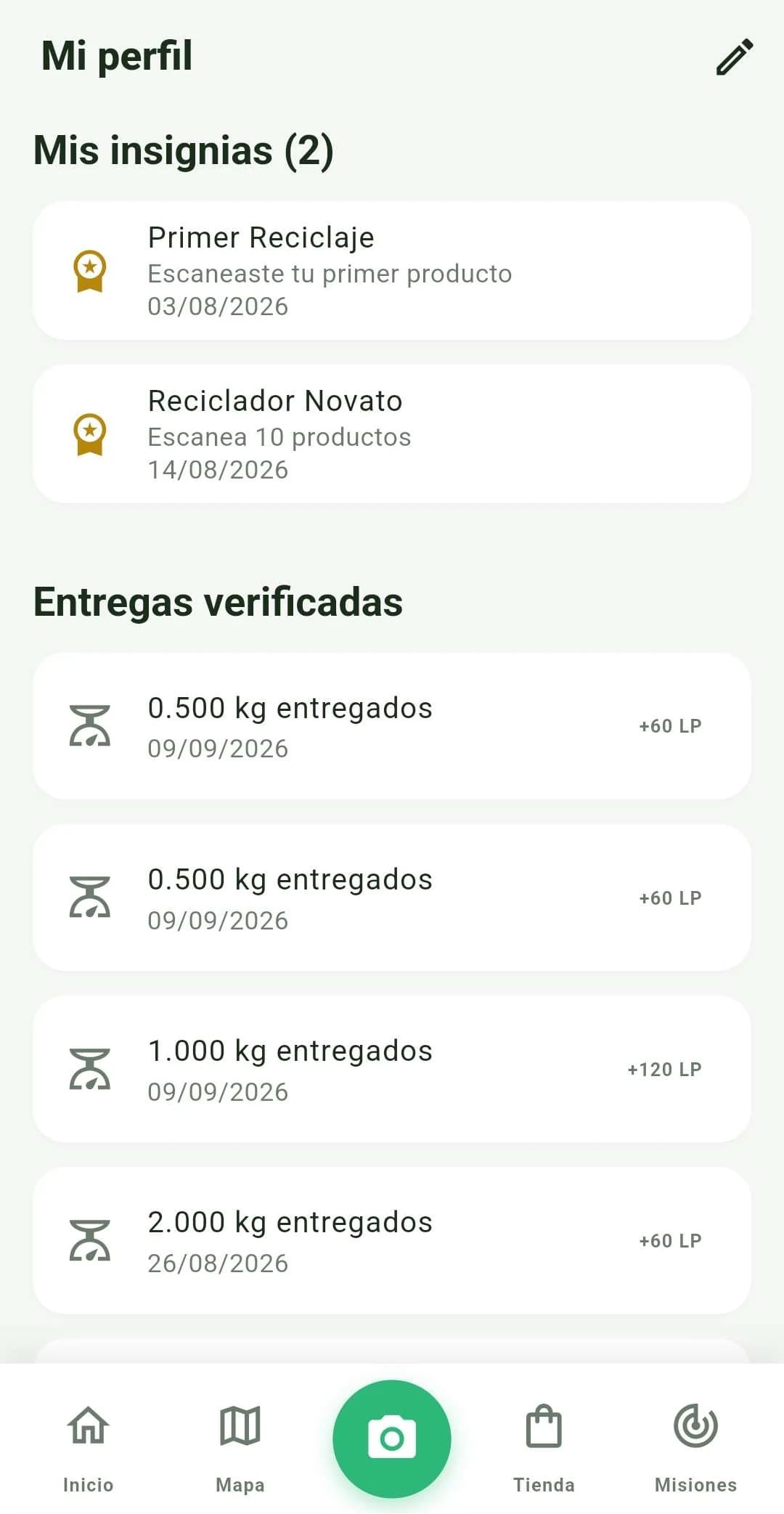 Insignias y lista de entregas verificadas con kilos y Puntos Loop