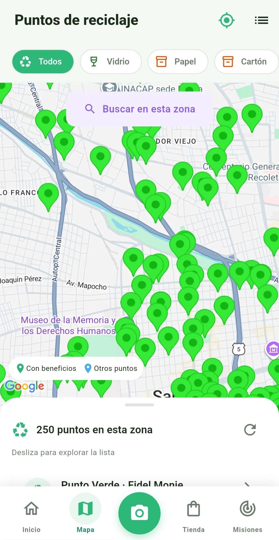 Mapa de puntos de reciclaje en Santiago con filtros por material
