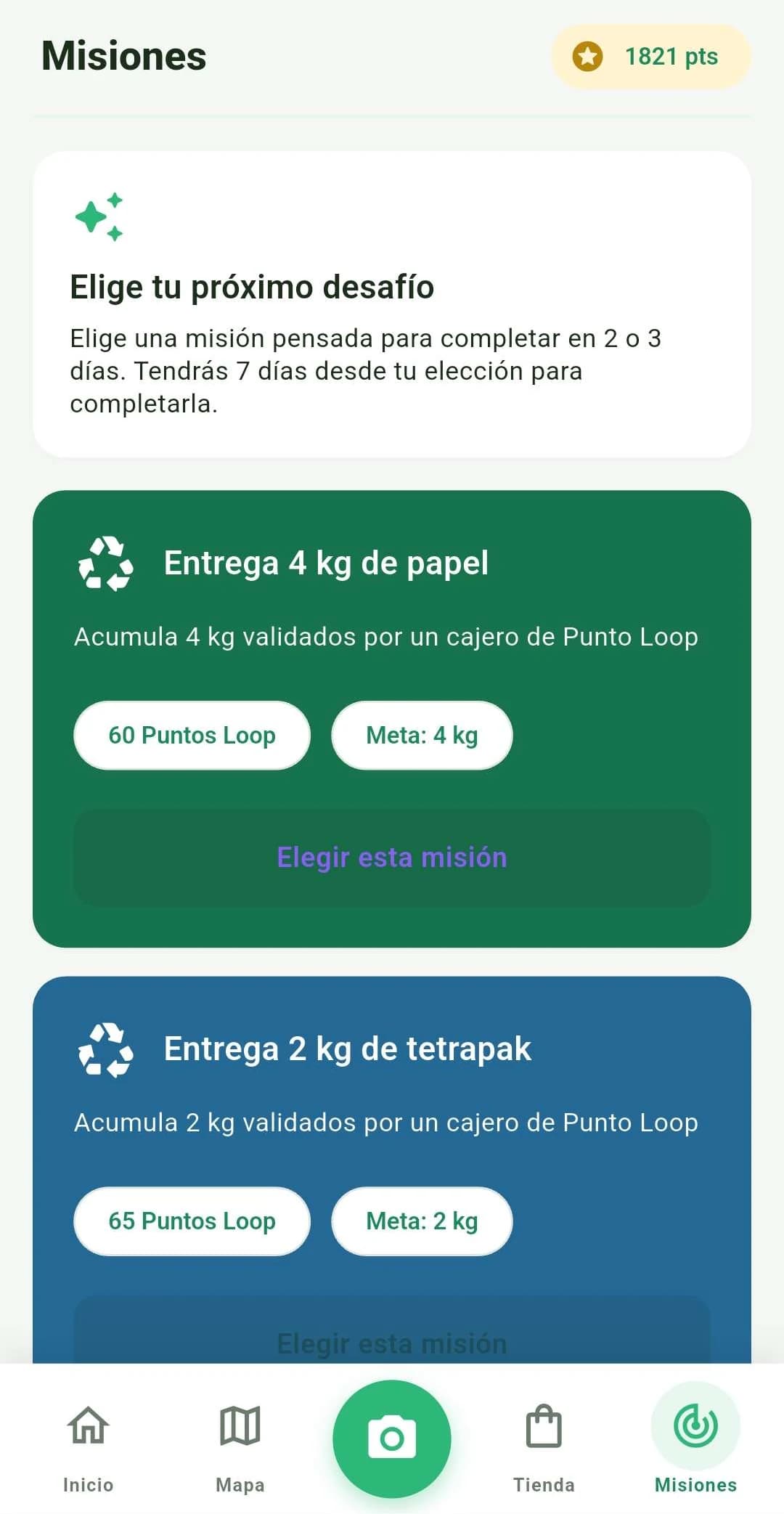 Misiones semanales: entrega 4 kg de papel por 60 Puntos Loop